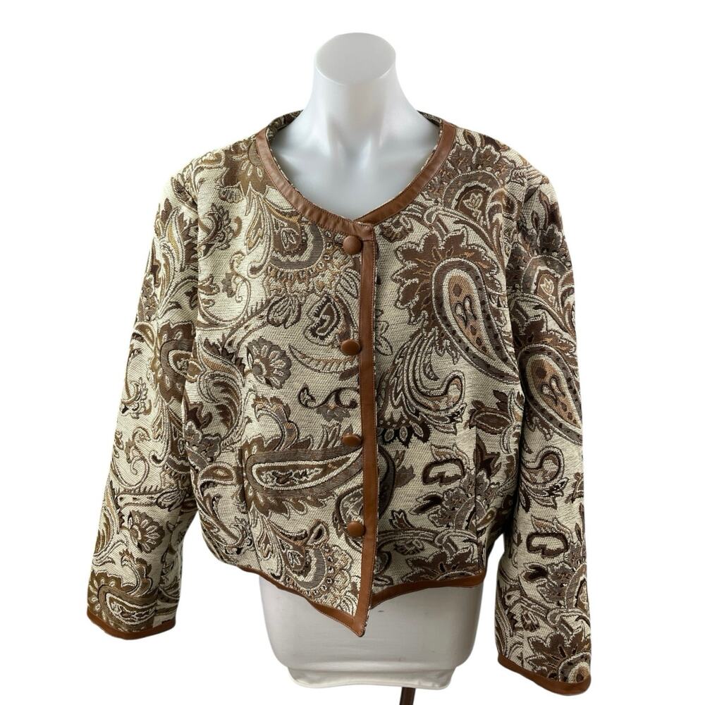 Cider Womens Brown Paisley Floral Jacquard Long Sleeve Button Up Jacket Size 2XL